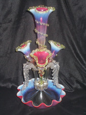 ANTIQUE VICTORIAN c1880 STOURBRIDGE CRANBERRY VASELINE GLASS CENTREPIECE EPERGNE