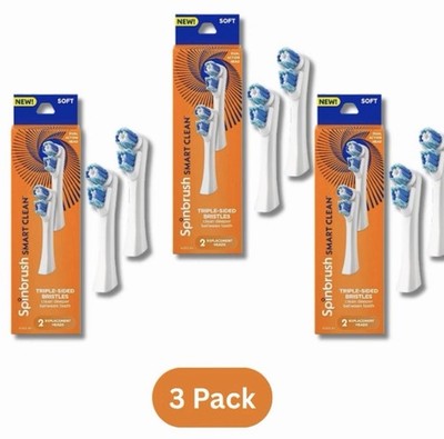 Lot 3 Packs of 2 (6 Total) Spinbrush Smart Clean Replacement Brush Heads Soft