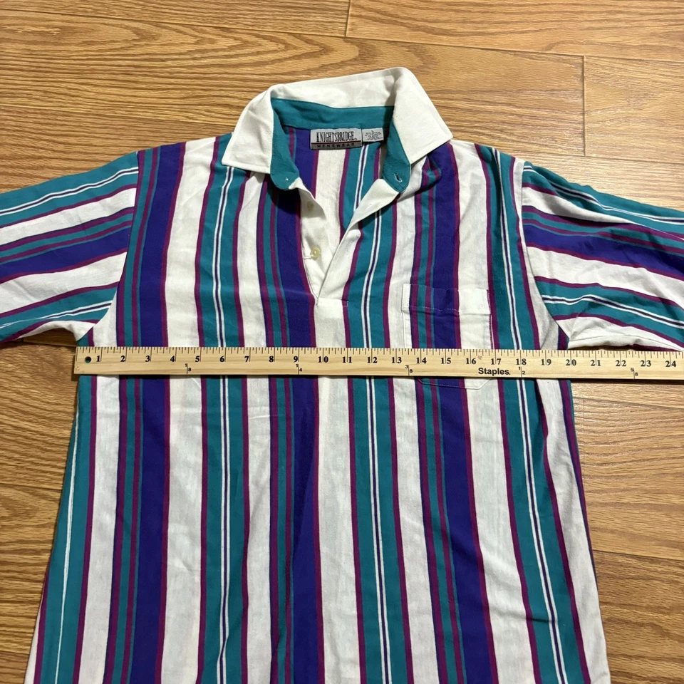 Vintage 90s Knightsbridge Striped White Purple Blue Polo Shirt Men’s Large Foto 3 de 4
