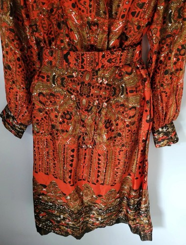 Vintage Elegance Sz M Pure Silk Red Pattern Longsleeve Long Dress - Picture 3 of 16