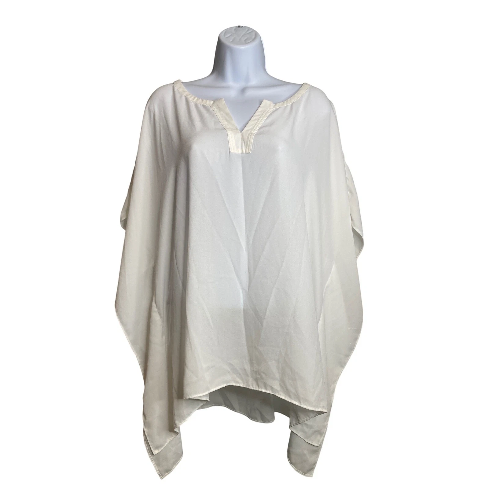 Chicos White V Neck Poncho Sz S/M Sheer Flowy Oversized Diaphanous Old Money