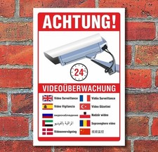 Schild Video&uuml;berwachung Warnschild Hinweisschild 10 Sprachen 3 mm Alu-Verbund