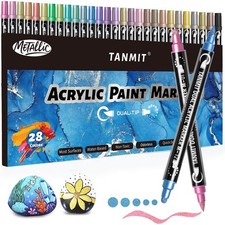 28 Metallic Colors Acrylic Paint Markers, Dual Tip Acrylic Paint Pens for Roc...