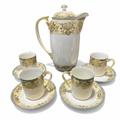 Noritake Tea Pot Chocolate Pot Coffee Pot Vintage Gold Floral  11-Pc Set c1950s