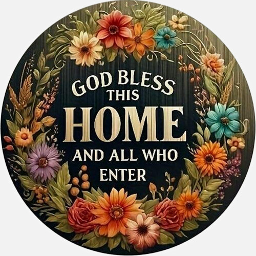Round Painted Wood Floral Wall Hanging Sign "God Bless This Home"