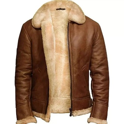 Men's Brown Sheepskin Genuine Leather Fur Jacket RAF Shearling Aviator B3 Bomber