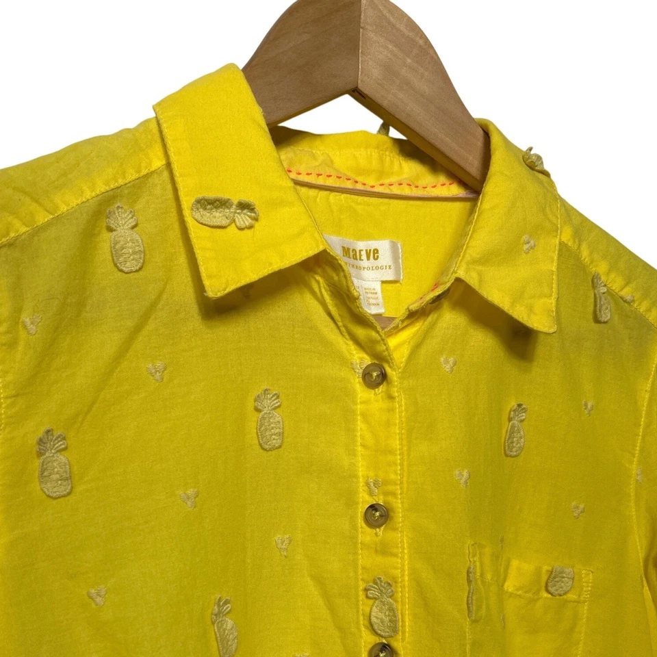 Camisa para mujer Maeve Anthropologie amarilla bordada piña abotonada talla M Foto 3 de 4