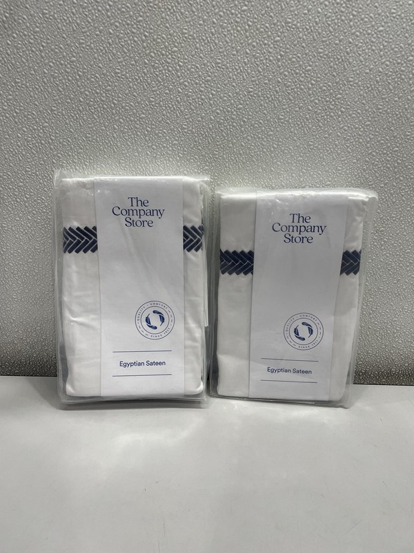 The Company Store Set Of 2 Standard Egyptian Cotton Sateen Shams, White & Blue