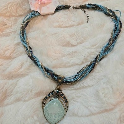 NWT Blue & Gold Pendant Necklace Party Glamour Formal Event Jewelry Gypsy Boho