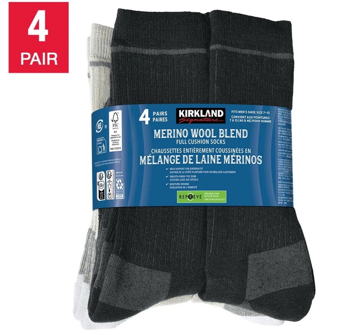 Mens Merino Wool Blend Socks 4 Pair Full Cushion Warm Soft Fit 7-13 Kirkland