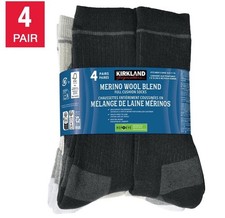 Mens Merino Wool Blend Socks 4 Pair Full Cushion Warm Soft Fit 7-13 Kirkland