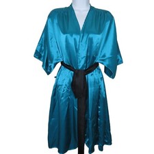 Vintage Knee Length Satin Kimono Robe Womens L Blue Belted Short Sleeve Japan