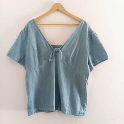 NEW Old Navy Top Women XXL 100% Cotton Denim Deep V Tie Flutter Sleeve Babydoll