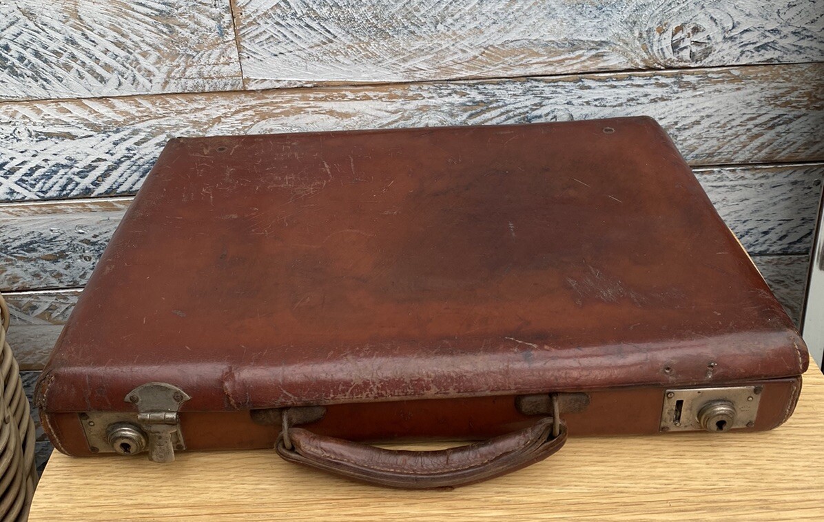 Unusual Antique Vintage Leather Hard Shell Shallow Briefcase for