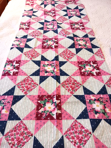 Vtg Faux Patchwork Fabric Cheater Starburst Quilt Blue Pink Cherry Blossoms 2 Pc - Picture 6 of 12