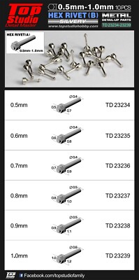 Top Studio 0.5mm Hex Rivets (B) Silvery - 10 pieces - Detail-Up Item # TD23234
