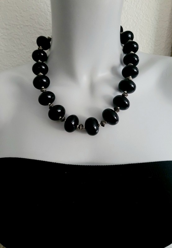 HAND CRAFTED STATEMENT NECKLACE LARGE CHUNKY BLACK LUCITE BEADS SILVER SPACERS 