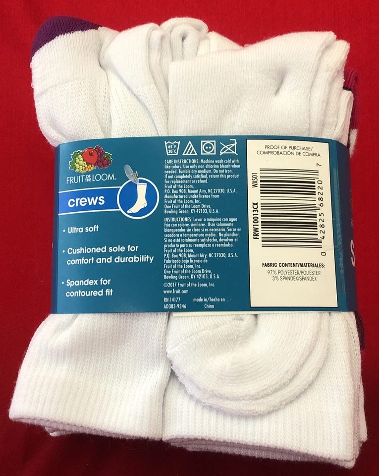 Ladies Fruit of the Loom White Cushioned Crew Socks Shoe Size 4-10 New 10 Pairs - Image 2 of 3