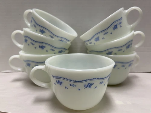 PYREX Morning Blue microwave safe mugs/cups 7 pieces milk glass Vintage