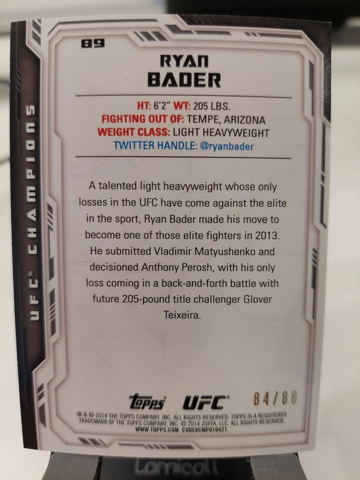 Ryan Bader #89 2014 Topps UFC Champions Blue #84/88 - Image 2 of 2