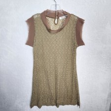 Reckless-Angel Womens Dress M Tan Sheer Lined Short Sleeve Back Button Mini READ