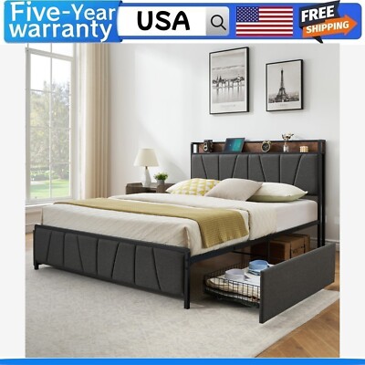  QUEEN Size Bed Frame with 2 Storage Drawers and Charging Station Upholstered