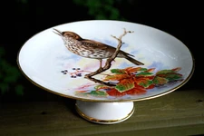 SONGBIRD Vtg Footed Cake Dish Gold Trim SCHUMANN ARZBERG BAVARIA WEST GERMANY