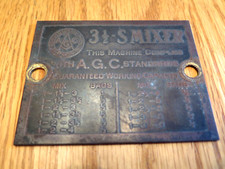 AGC 3 1/2-S MIXER Concrete Mixer Brass Plate Emblem Placard 4" x 3"