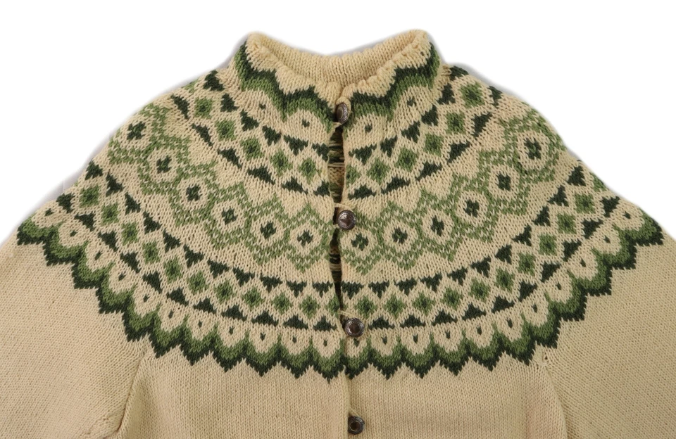 美国女式 S 象牙色手工针织 Fair Isle 羊毛锡特斯堪的纳维亚开衫毛衣 — 第 4/4 张图片