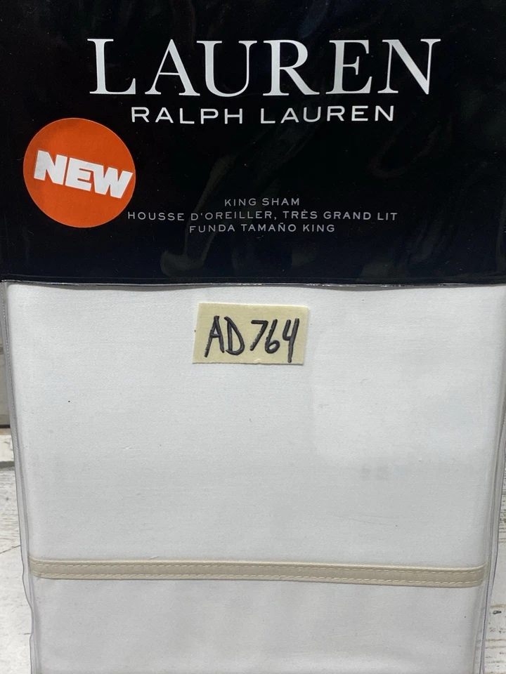 Ralph Lauren Spencer Cotton Sateen Border King Sham White / Flax New - Image 2 of 4