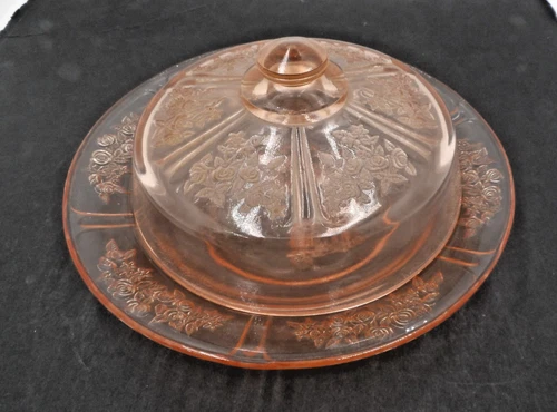 1930s Federal Glass Sharon Cabbage Rose Pink Lidded Butter Dish Depression Glass