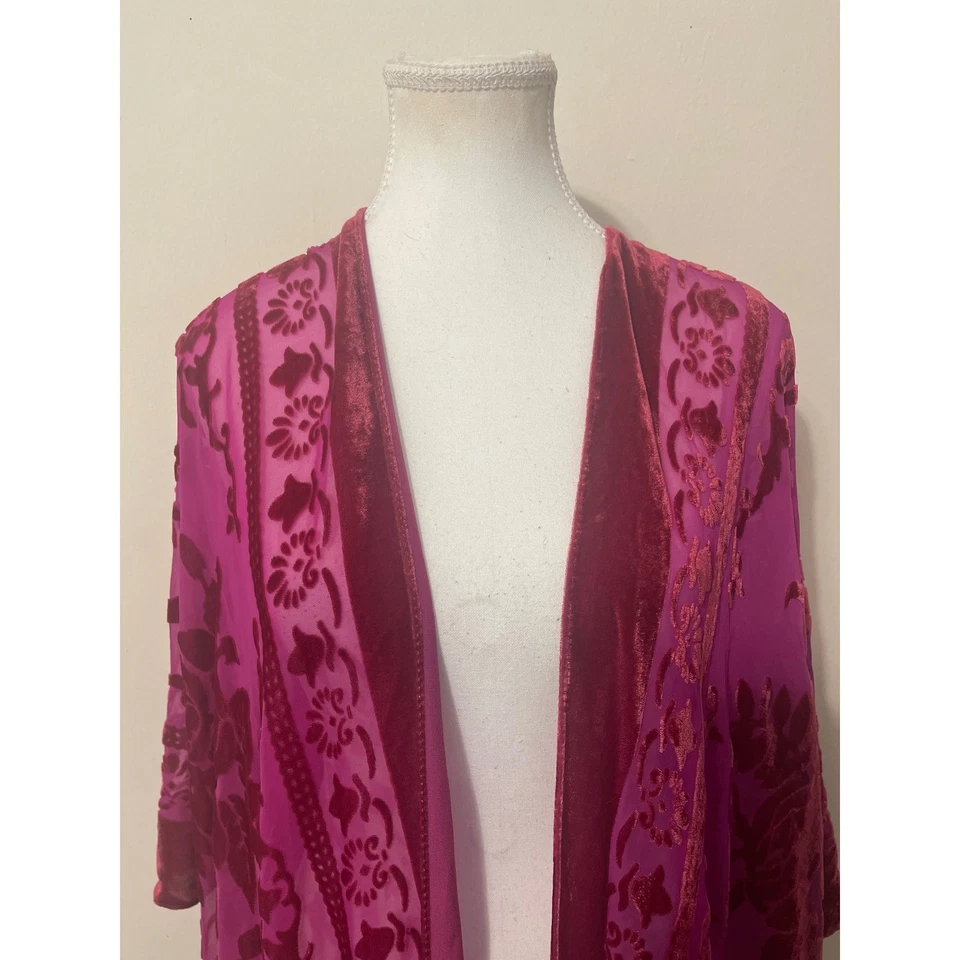 Mujer Boho Hippie Terciopelo Burnout Floral Kimono Plumero Fucsia Rojo Borlas OS Foto 3 de 4