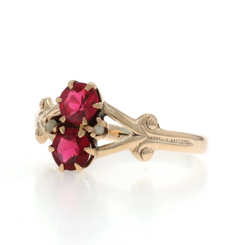 Anillo Victoriano Oro Amarillo Granate/Vidrio Doble Semilla Perla 10k Antiguo Dos Piedras Foto 3 de 4