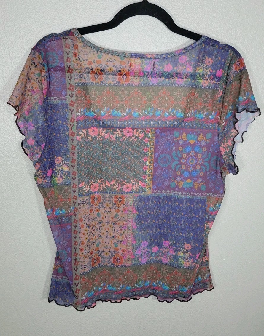 Natural Life Patchwork Mesh Flutter Sleeve Top XL… - image 3