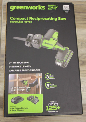 Greenworks RSG404 24V COMPACT Reciprocating Saw  w/ 2A Batt, 2A Charger,2 BLADES