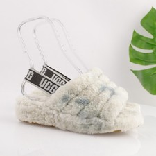 UGG Womens Fluff Yeah Sandal Size 8 White Gray Tie Dye Slipper Sherpa Fury Shoe