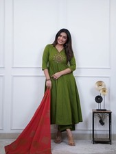 Designer Anarkali Suit For Women Green Salwar Kameez Readymade 3PC Top Tunic Set