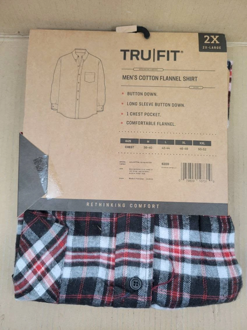 NWT TRU|FIT Men's Cotton Flannel Shirt Red Grey Black Plaid Button Down image 4