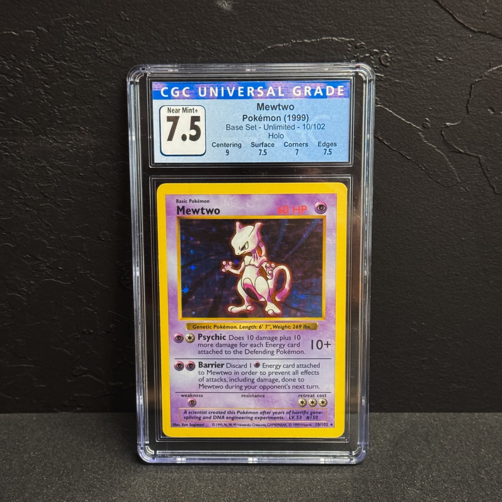 1999 Pokemon Mewtwo Shadowless Unlimited Holo 10/102 CGC 7.5 NM+