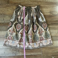 VINTAGE Paisley Border Print Gathered Midi Skirt Brown Boho S/M 28" Length 20D9