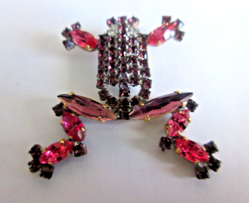 Cute  Czech Vintage Style Glass Rhinestone Button FROG Pink & Purple Collectable