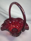 Fenton Ruby Red Strawberry Pattern Basket with Handle 7 1/2" Tall