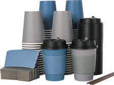 100 Pack 12 Oz Disposable Paper Coffee Cups with Lids, Sleeves and Stirring Stic