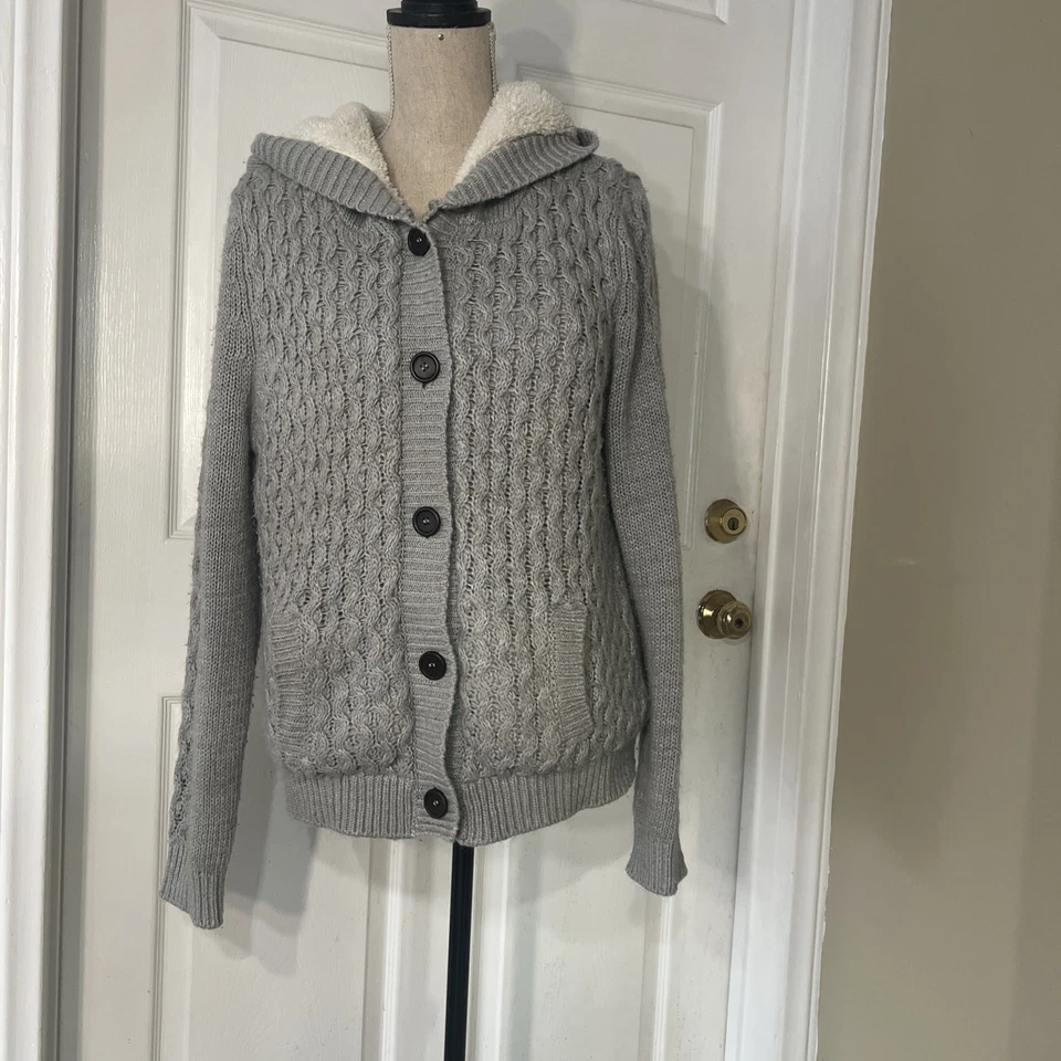 CI SONO BY CAVALINI GRAY/WHITE HEAVY KNIT HOODED SWEATER. WOMEN’S SIZE XL - Image 2 of 4