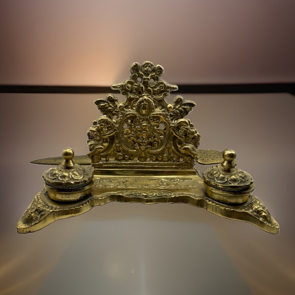 An antique Rococo brass double inkwell with cherub figures and a letter holder — a showstopper statement piece straight out of a Louis XV château.