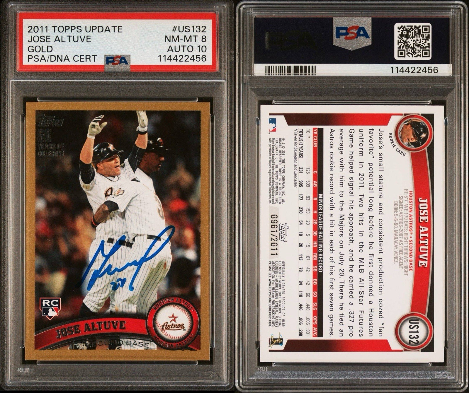 2011 Topps Update Jose Altuve Gold Rookie Auto • #US132 • /2011 • PSA 8 | PSA 10 view 3