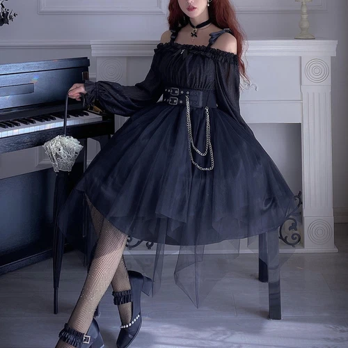 Abito donna gotico maglia con volant manica a sbuffo Lolita steampunk cosplay irregolare rosso - Foto 12 di 17