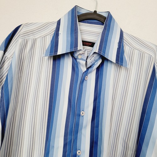 Axxess Casual Cotton Dress Shirt High Collar French Cuff Stripe Blue Design XL - Picture 2 of 7