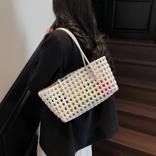 Solid Color Tote Bag Woven Beach Bag Fashion Handbag - Picture 7 of 19
