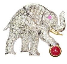 7.82ct Natural Round Diamond Ruby 14k yellow Gold Wedding Elephant Brooch